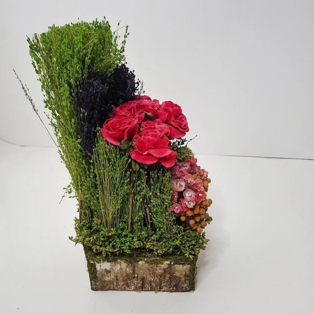Faux Yellow Roses & Flowers in tree trunk arrangement (New without box)